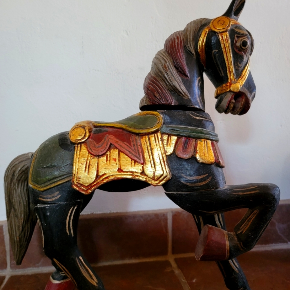 Old Ornate Hand Carved Wood Black Carosel Horse